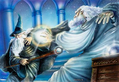 Saruman e Gandalf alla Torre di Orthanc