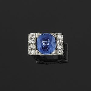 A 18K white gold, diamond and sapphire ring