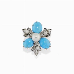 Spilla con turchesi, perle e diamanti
