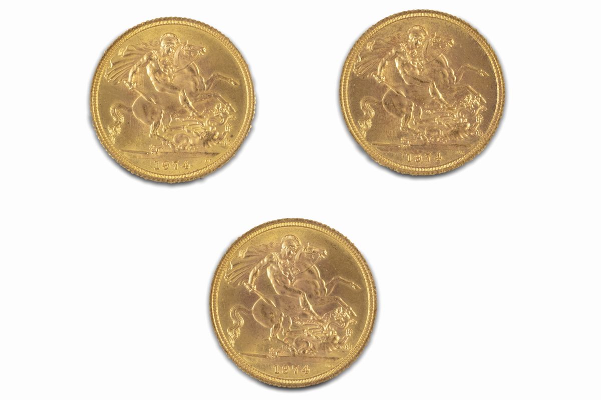 Gran Bretagna, Elizabeth II, (1952-2022) - ELIZABETH II, Lotto di 3 sterline in oro, 1974