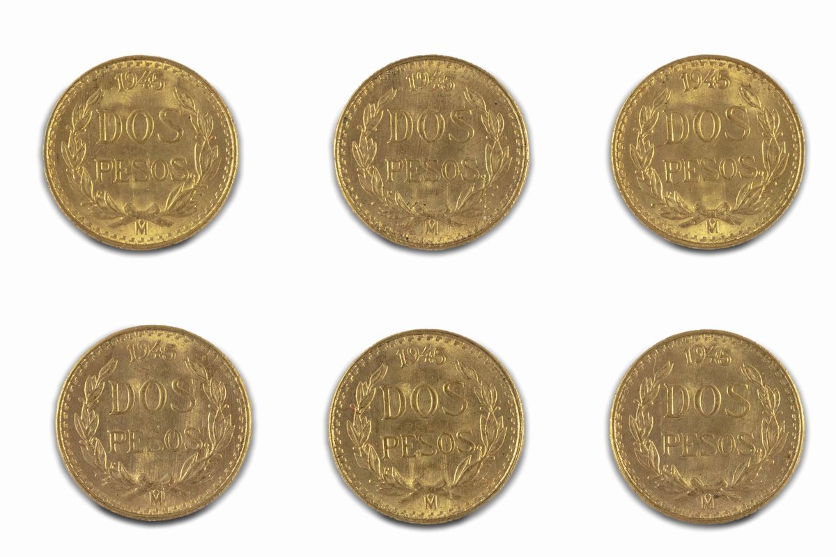Messico, Estados Unidos Mexicanos (dal 1905) - Messico, Lotto di 6 esemplari di 2 Pesos in oro, 1...