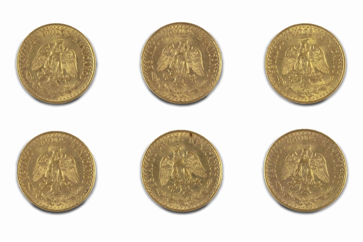 Messico, Estados Unidos Mexicanos (dal 1905) - Messico, Lotto di 6 esemplari di 2 Pesos in oro, 1...