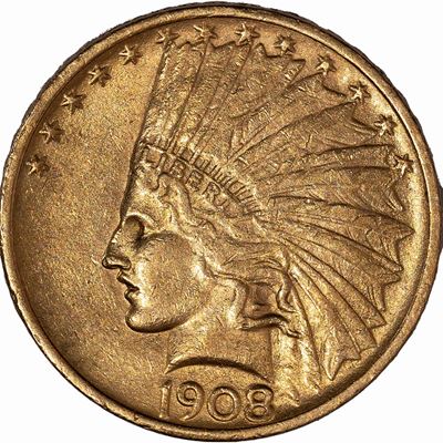 10 Dollari 'Indian Head', moneta in oro, 1908