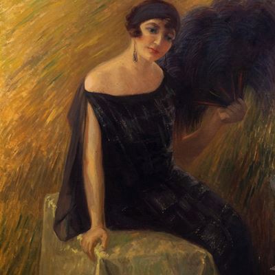 Ritratto di Signora in Abiti Eleganti e Ventaglio di Piume