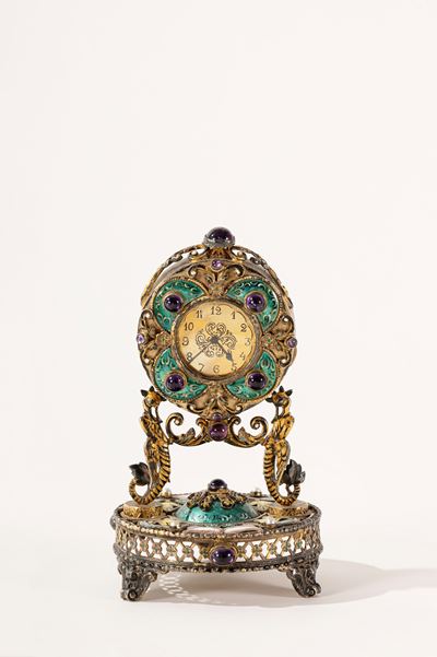 Orologio da Tavolo in Argento Dorato con Smalti, Ametiste Cabochon e Perle, Anni '50 del Novecent...