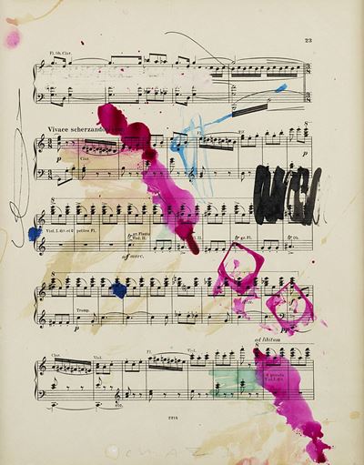 Senza titolo, 1970, tecnica mista su spartito musicale
