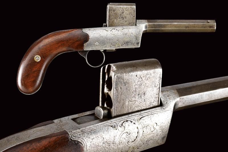 A rare four-shot Colleye pistol with vertical magazine, Rare and Fine  Antique Arms, Armour and Militaria