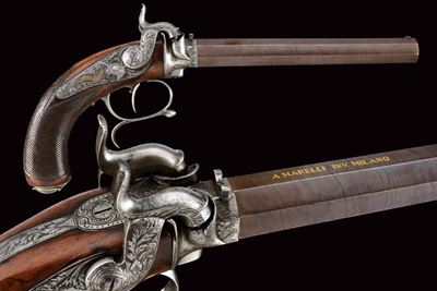 Rara Pistola a Luminello a Due Cariche Sovrapposte di Marelli (1850 - 1860)