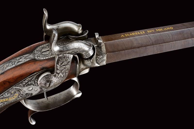 Rara Pistola a Luminello a Due Cariche Sovrapposte di Marelli (1850 - 1860)