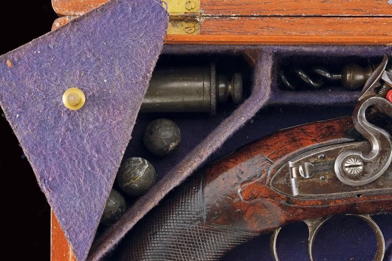 Pistola a Pietra Focaia di R. Hollis in Cassetta