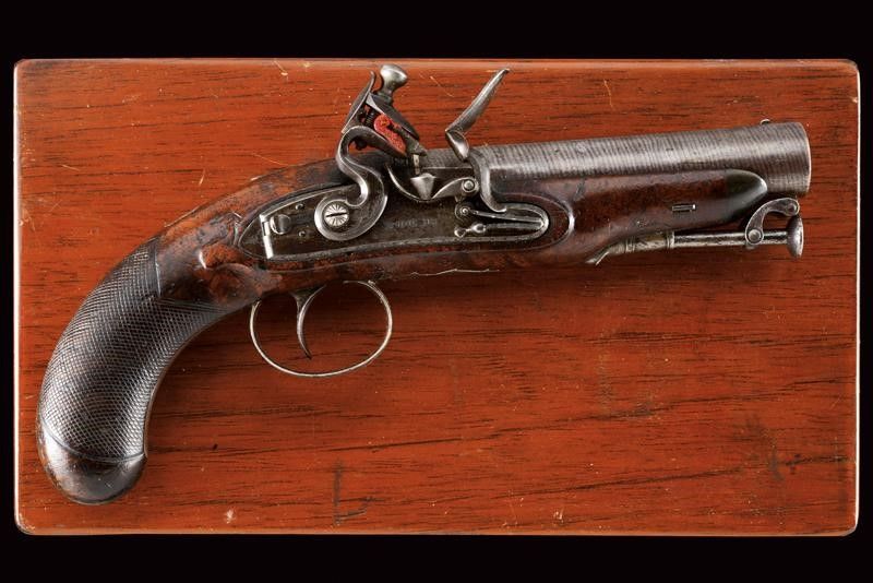 Pistola a Pietra Focaia di R. Hollis in Cassetta