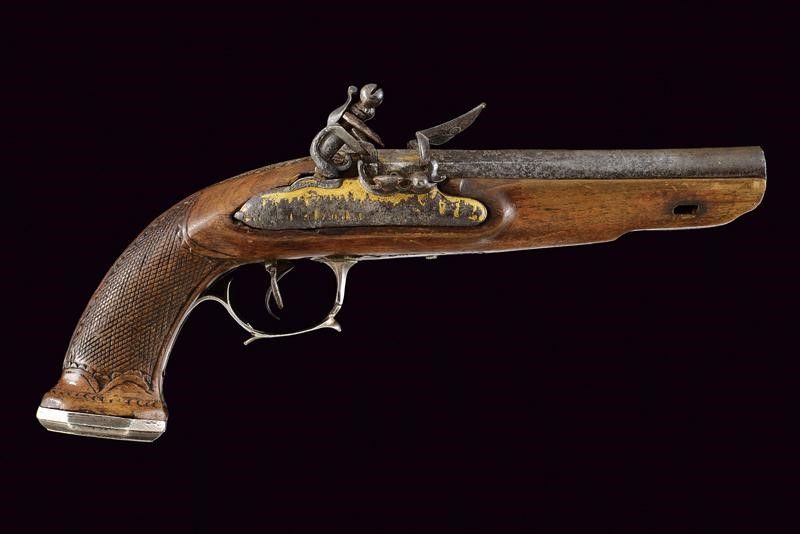 Interessante Pistola a Pietra Focaia a Due Canne da Ufficiale