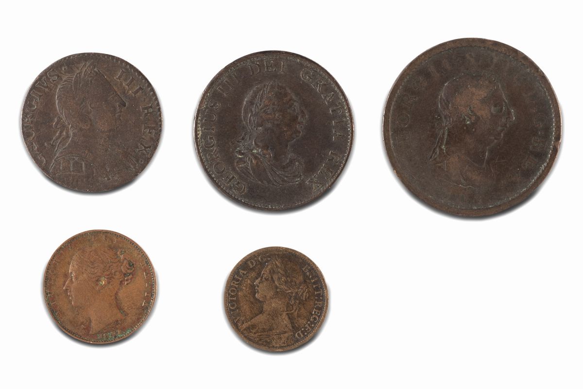 Gran Bretagna - George III e Victoria, Lotto di 5 monete (1776, 1799, 1807, 1841, 1860)