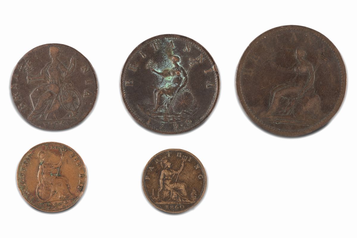 Gran Bretagna - George III e Victoria, Lotto di 5 monete (1776, 1799, 1807, 1841, 1860)