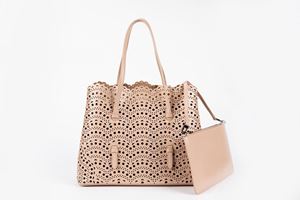 Powder color perforated leather double handles bag