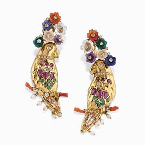 A ruby, emerald, diamond, coral and gemstones earrings