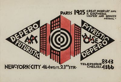 Depero futuristic art house (studio per auto-promozione), china e inchiostro rosso su carta