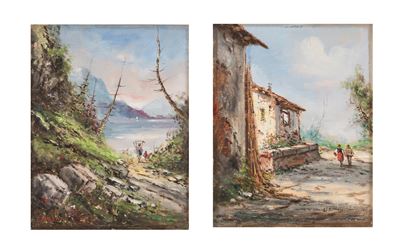 Paesaggi con figure, coppia, olio su cartone telato