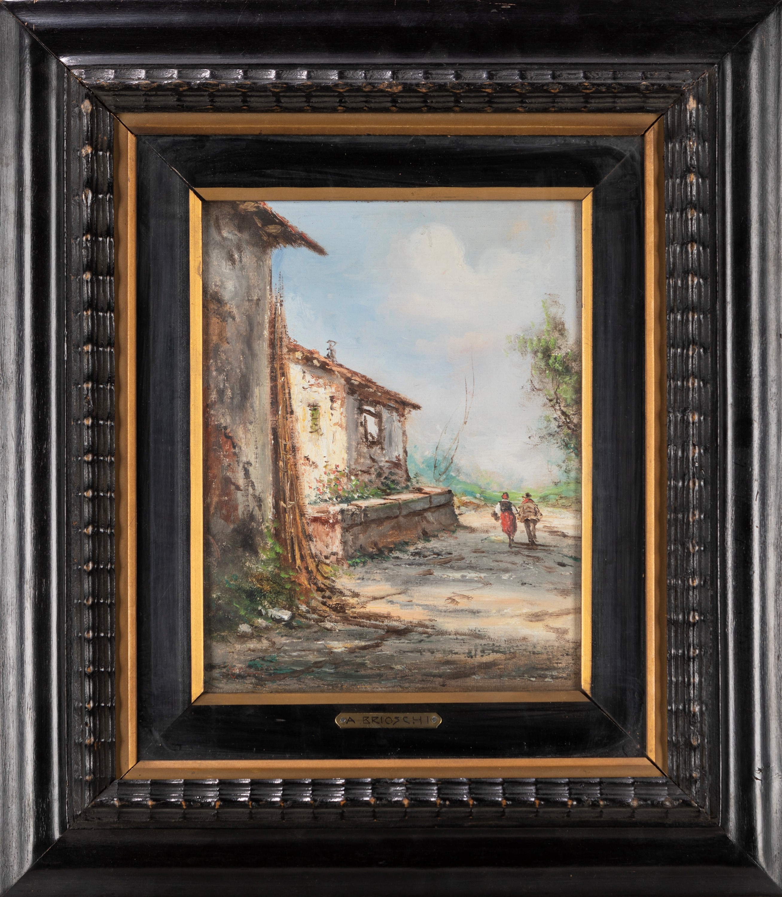 Athos Brioschi - Paesaggi con figure, coppia, olio su cartone telato
