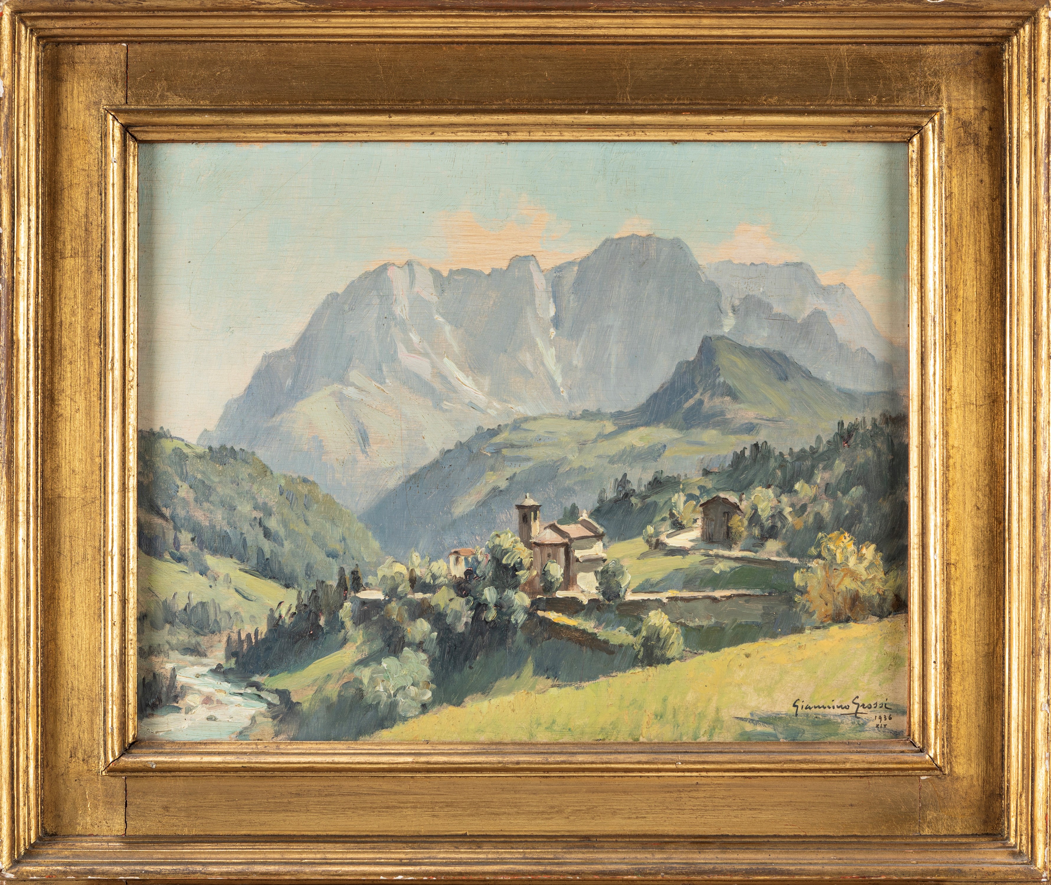 Giannino Grossi - La presolana da Sant'Andrea, olio su compensato