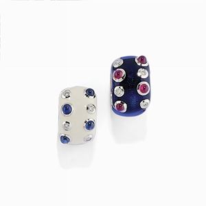 A 18K gold, ruby, sapphire, emerald and diamond earclips