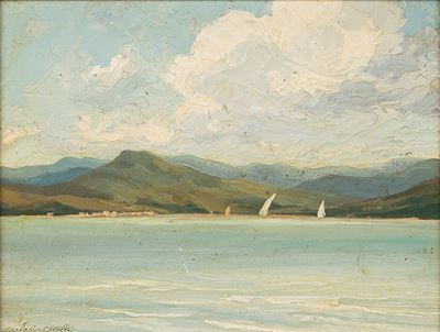Paesaggio lacustre, olio su cartone
