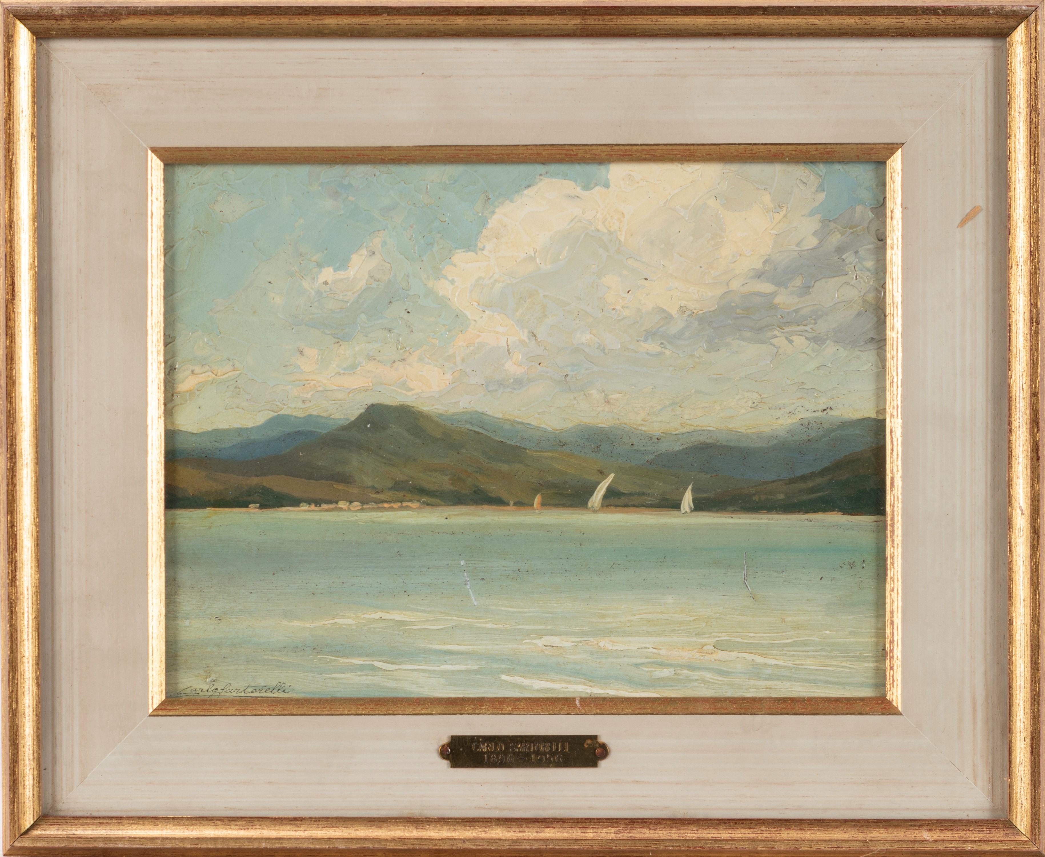 Carlo Sartorelli - Paesaggio lacustre, olio su cartone