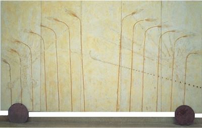 Muro Grano – encausto su cemento con intarsi e dischi in ferro