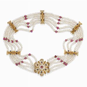A 14K yellow gold, fresh water pearl and ruby necklace