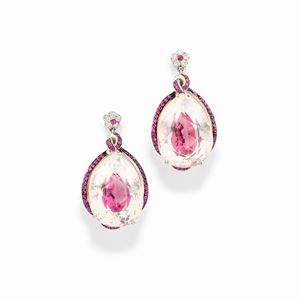A 18K white gold, rock crystal, diamond and pink sapphire earrings