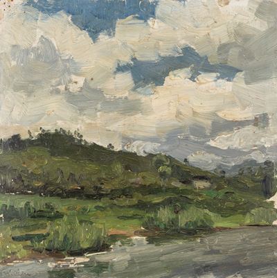 Paesaggio fluviale, olio su cartoncino