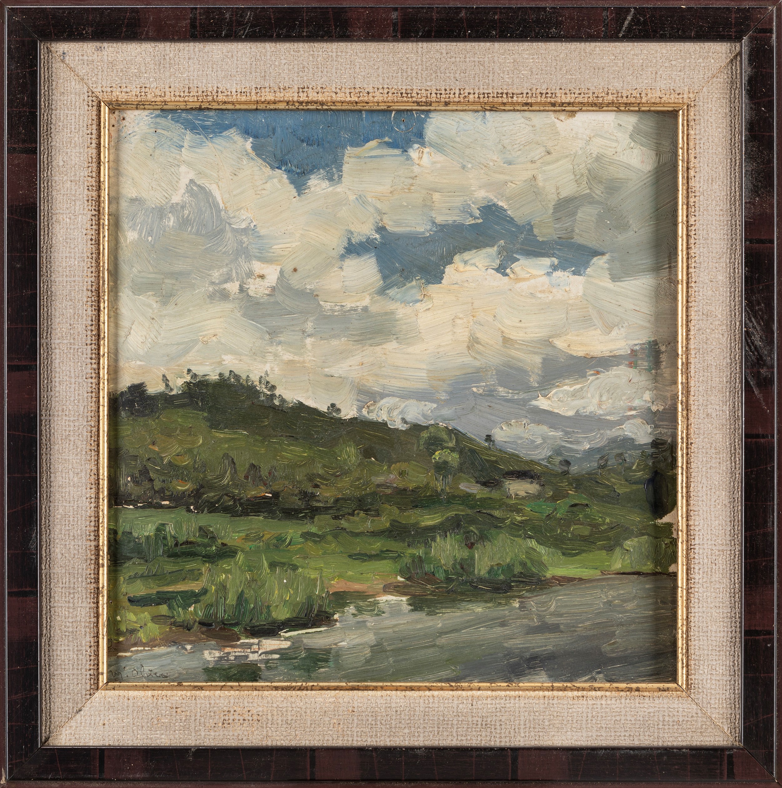 Matteo Olivero - Paesaggio fluviale, olio su cartoncino