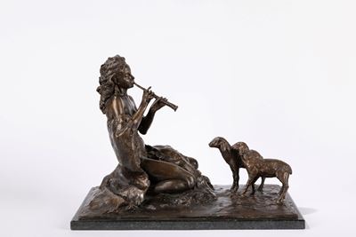 Idillio campestre, scultura in bronzo su base in marmo