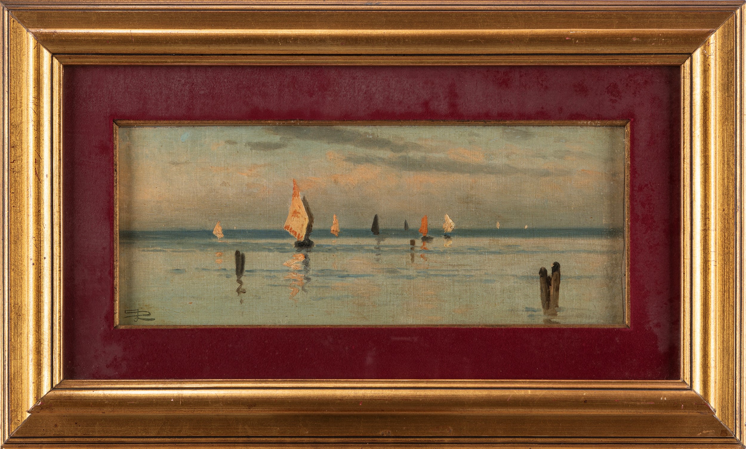 Luigi Steffani - Vele in laguna, olio su tela riportata su tavola
