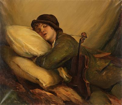 Piccolo violinista girovago, olio su tela