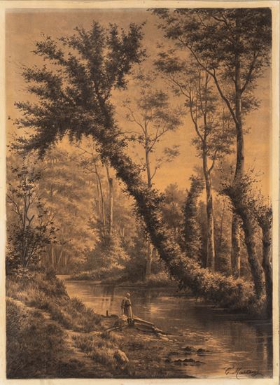 Lungo il fiume, carboncino e matita su carta
