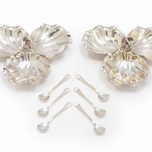Two silver salt shakers with spoons, Italy, 20th Century