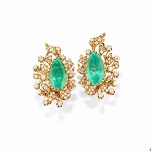 A 18k yellow gold and emerald earclips, defects, with certificate