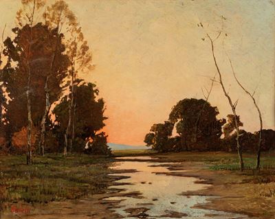Tramonto in pineta, olio su tavola