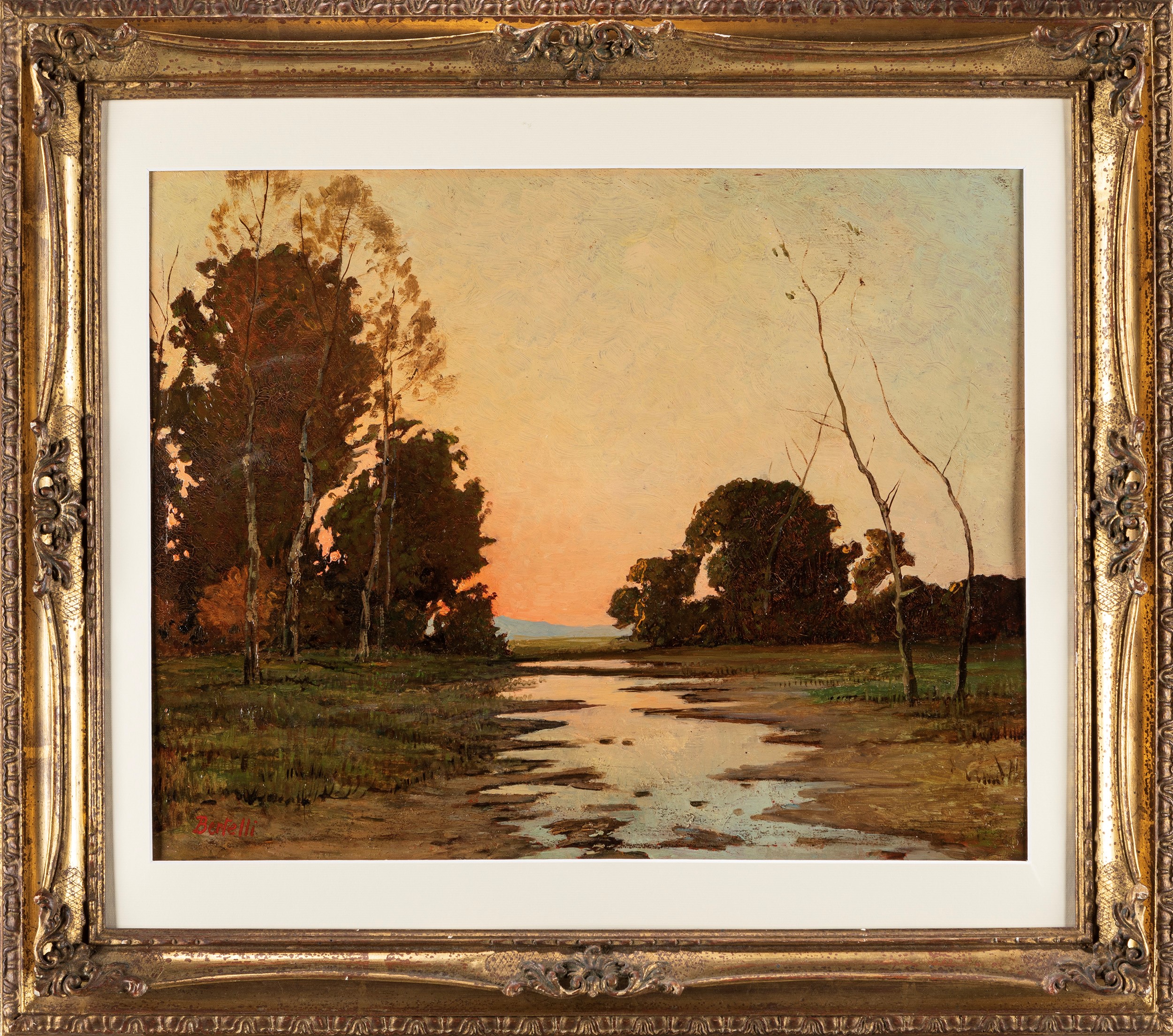 Luigi Bertelli - Tramonto in pineta, olio su tavola