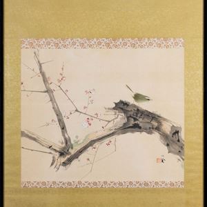 Dipinto su carta raffigurante uccellino su ramo fiorito, Cina secolo XX