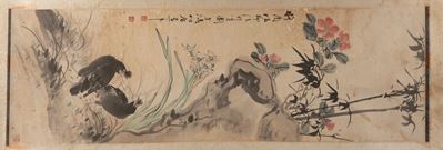 Lotto Composto da uno Scroll e una Stampa su Tessuto, Cina Secolo XX