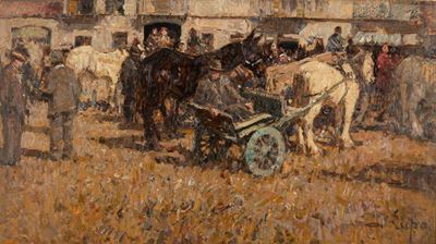Il mercato dei cavalli, olio su cartone pressato