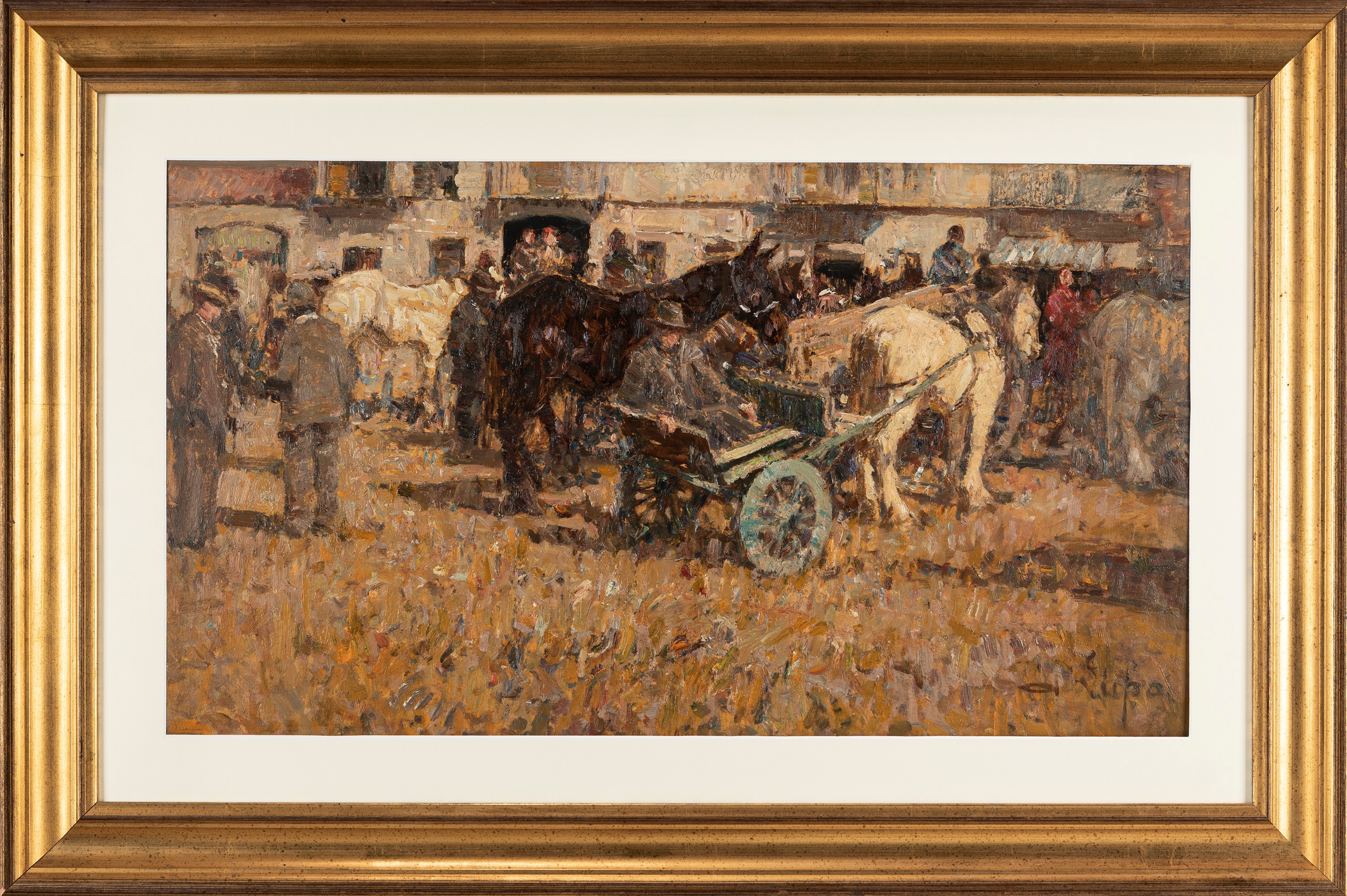 Alessandro Lupo - Il mercato dei cavalli, olio su cartone pressato