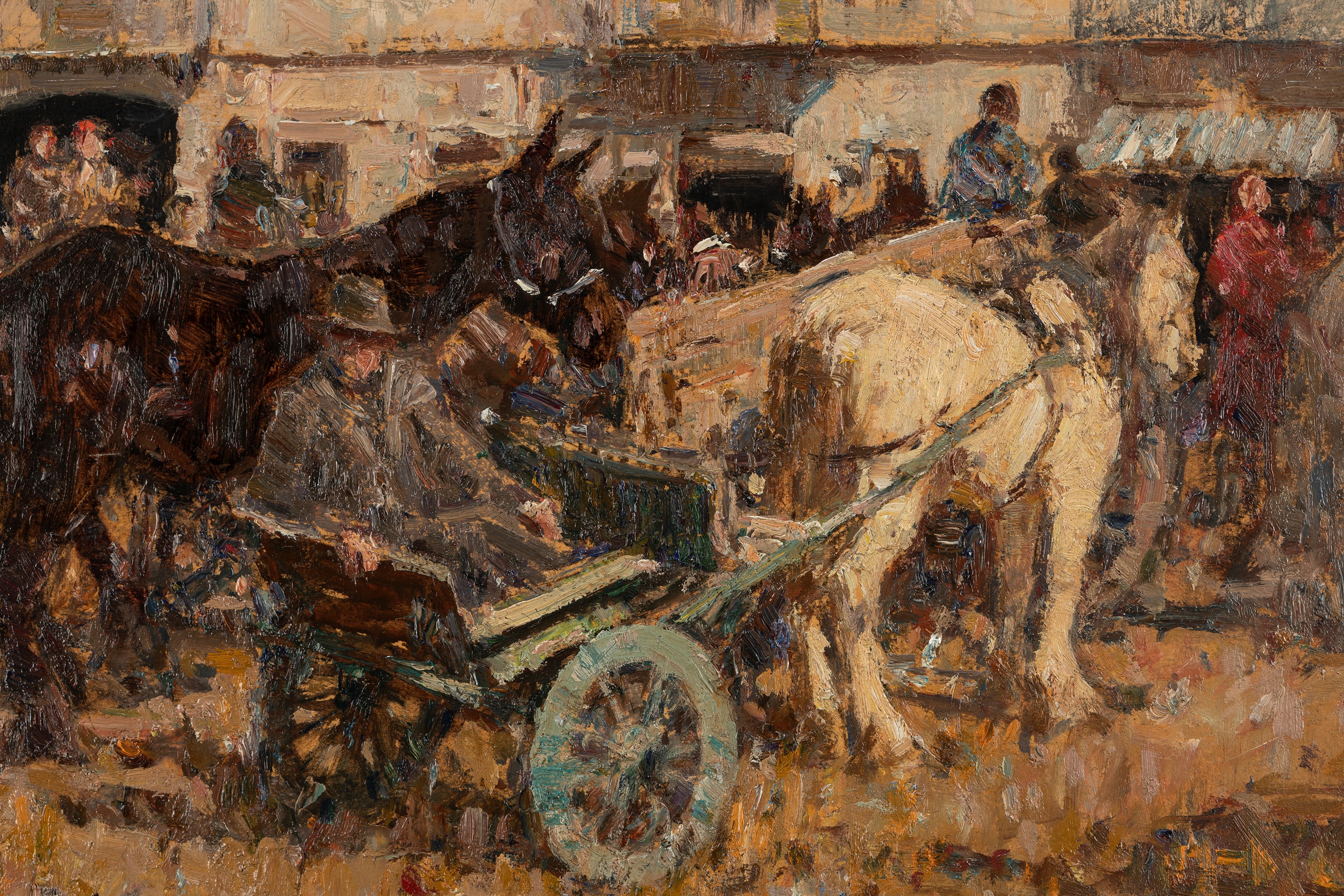 Alessandro Lupo - Il mercato dei cavalli, olio su cartone pressato