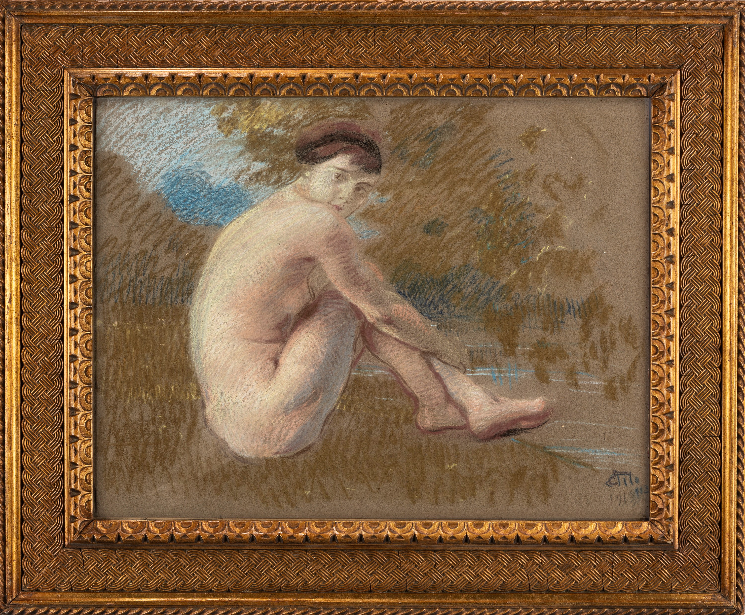 Ettore Tito - Nudo femminile in riva al fiume, pastello su cartoncino