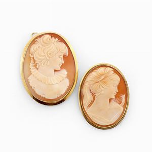 Lot of two cameos, 18k yellow gold pendant-brooch 