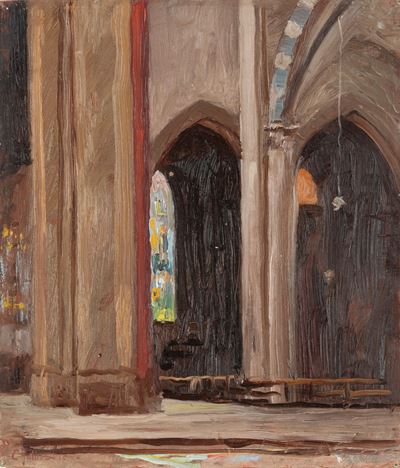 Interno di chiesa, olio su cartoncino