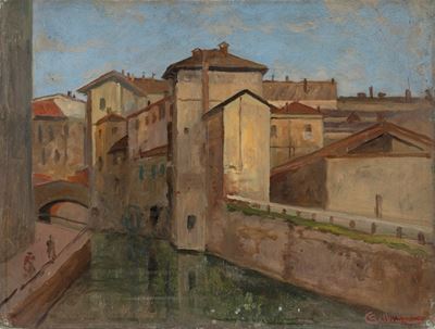 Autore non identificato, Scorcio, olio su cartone