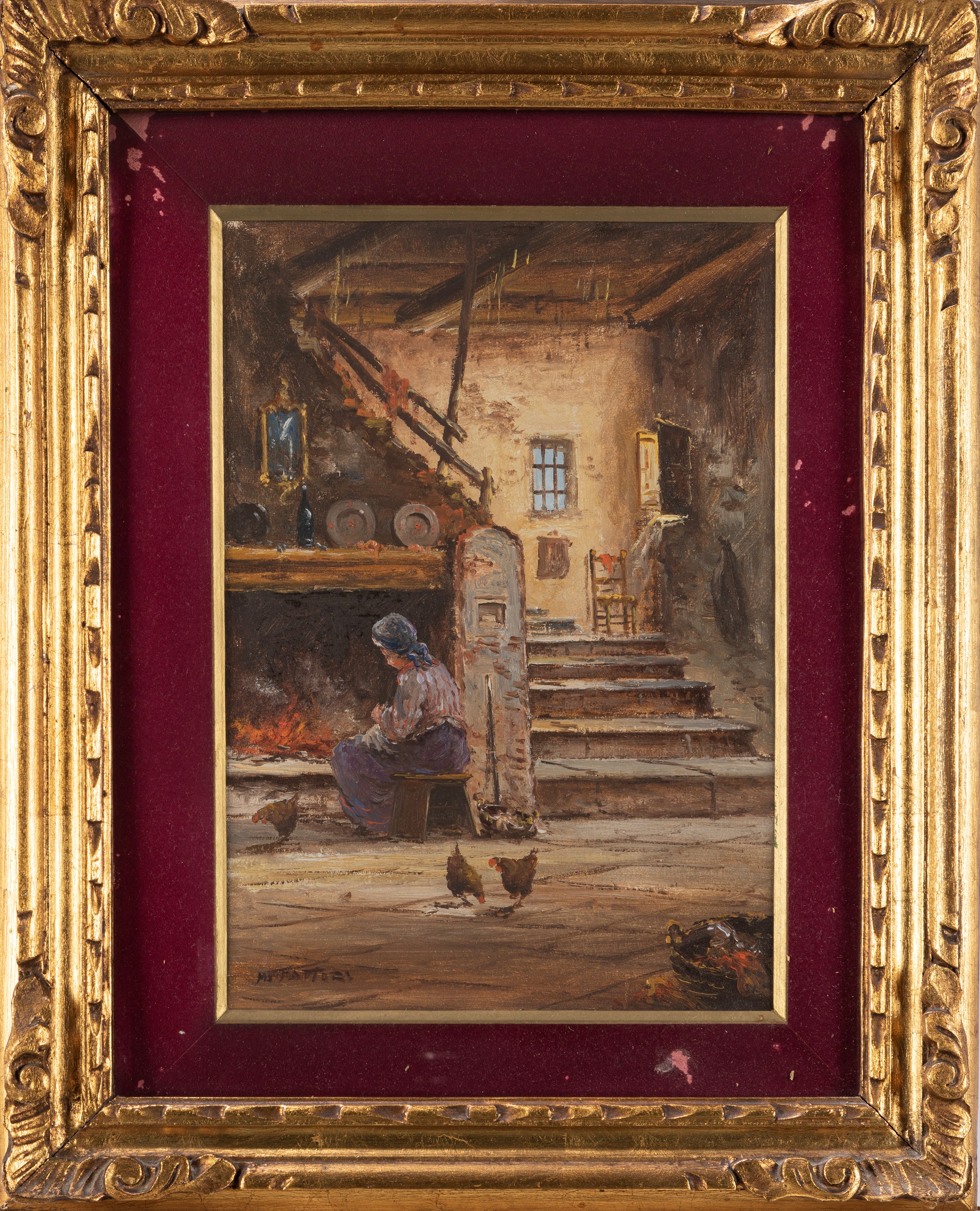 Mario Fattori - Gli ombrellai; Interno rustico, coppia di oli su cartone telato